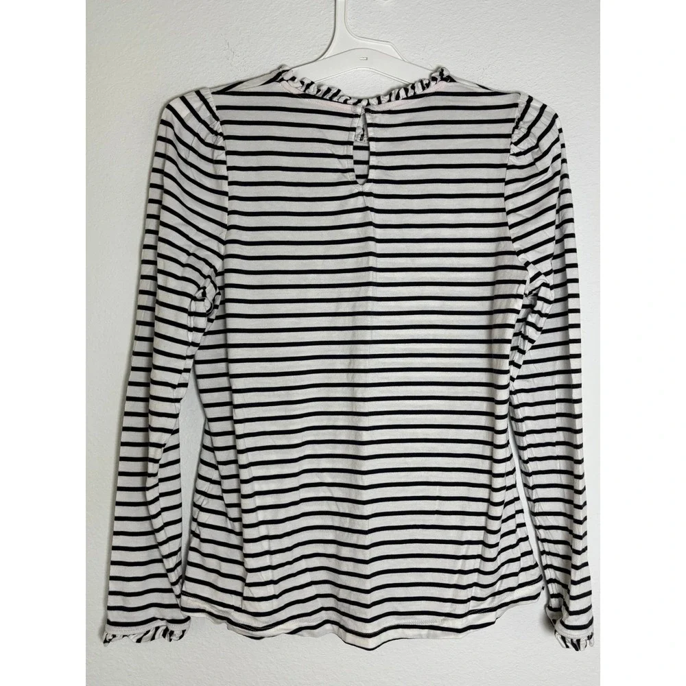 Boden Striped Ruffle Neck Long Sleeve Top Navy White US 10 Puff Shoulder